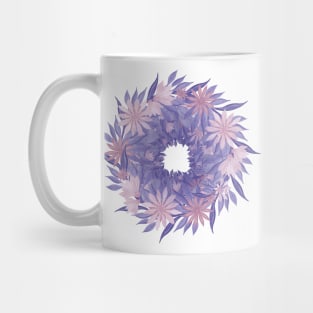 Wreath of purple and pink flowers. Watercolor painting. Mug